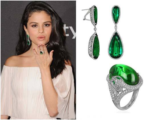 Diamond Drop Earrings and Tourmaline Snake Ring Selena Gomez Jewelry